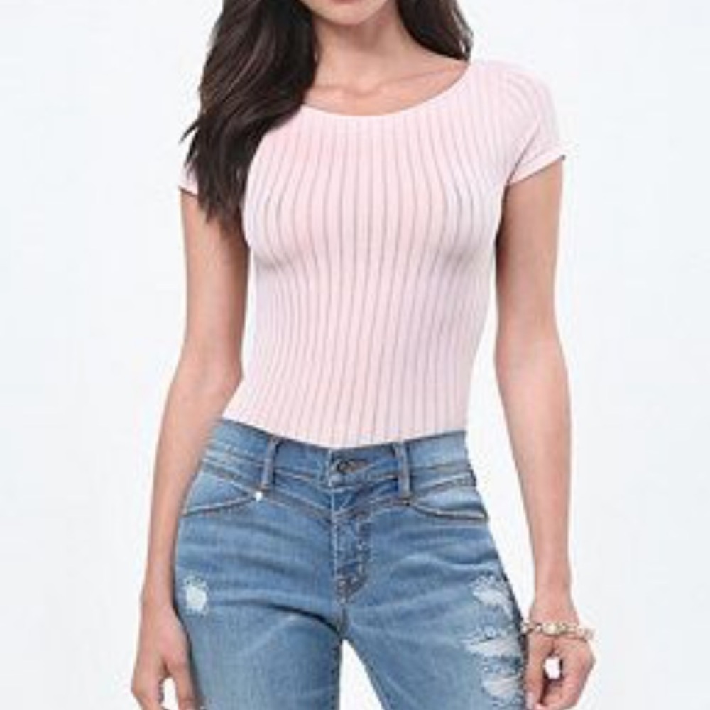 Bebe open rib short sleeve cream top
